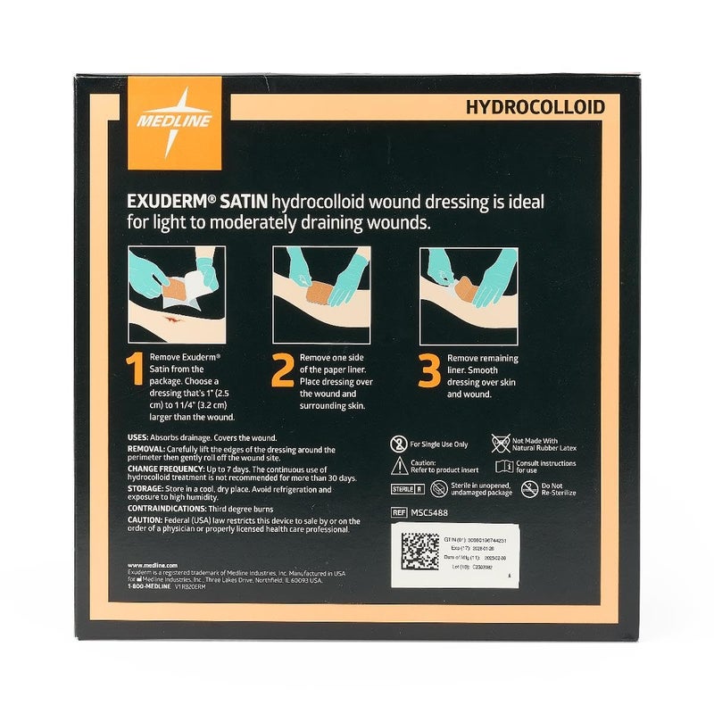 Medline Exuderm Satin Hydrocolloid Wound Dressings, 8 Inches x 8 Inches Sacral, Tapered Edge, Smooth Satin Backing, Box of 5 Each - Image 2
